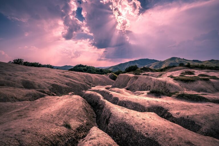 Sunset Over Arid Grey Volcano Canyons