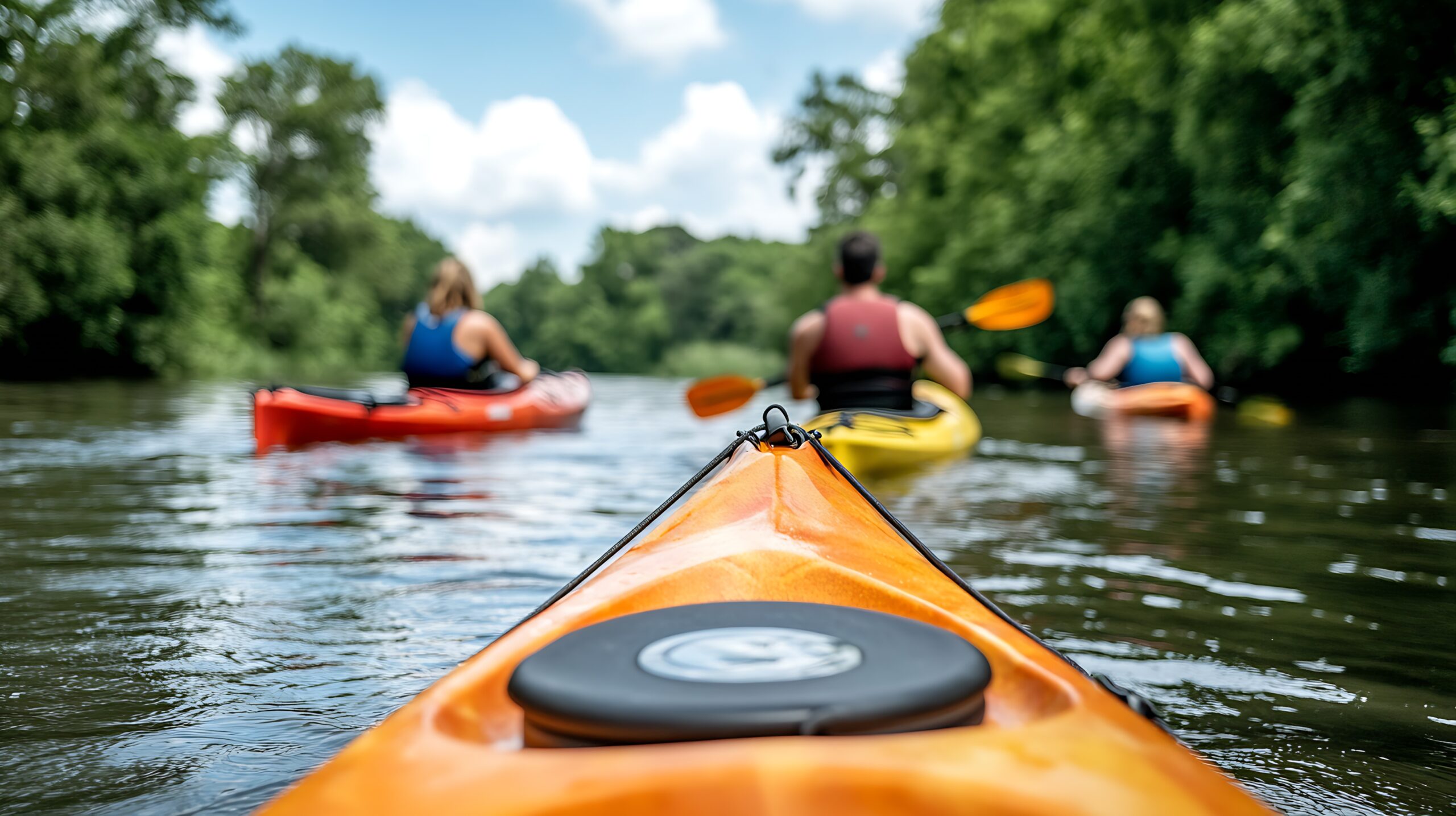 View from orange kayak leading group of kayakers in lush green surroundings